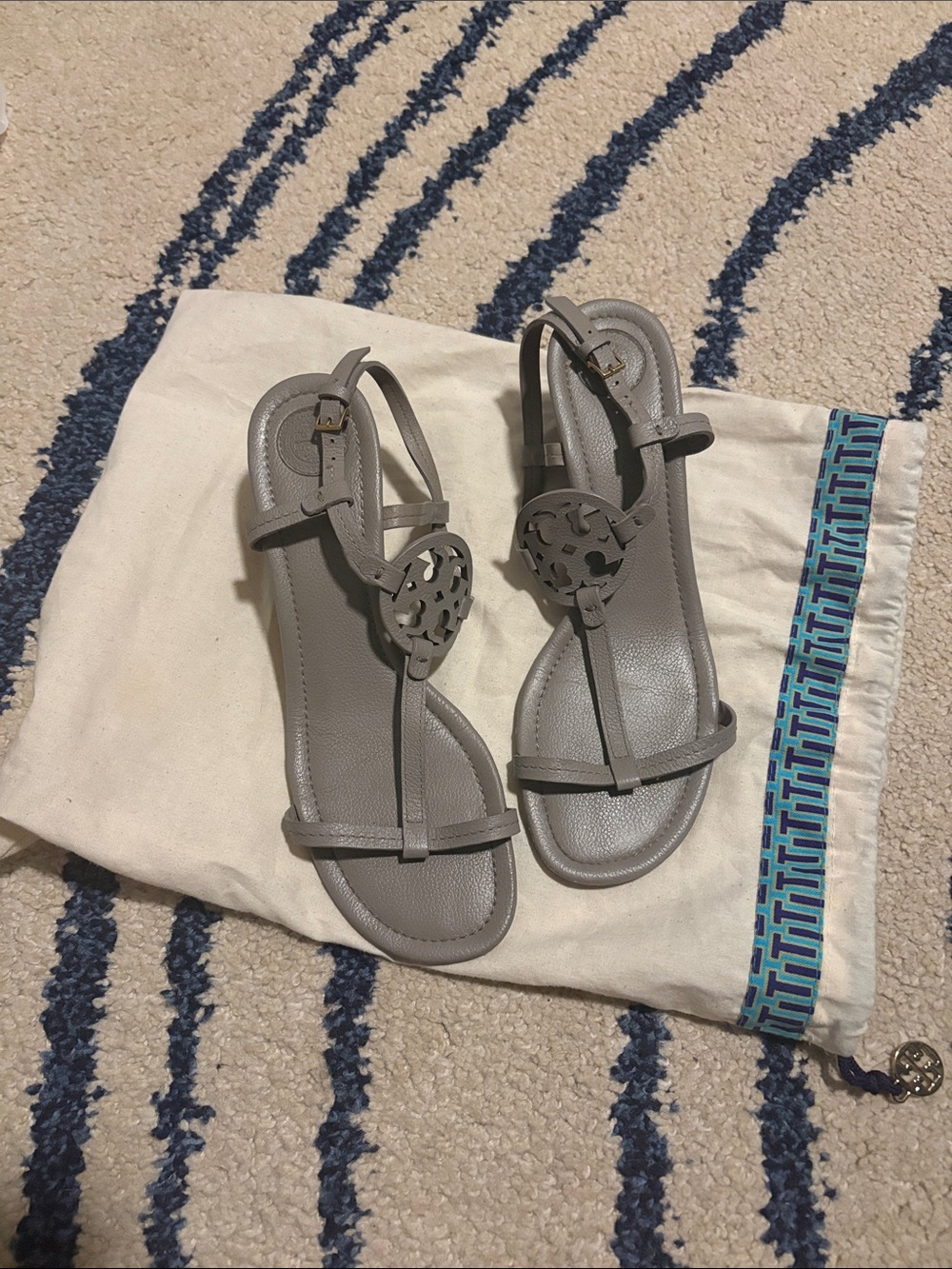 Tory Burch Gray Logo T-Strap Wedge